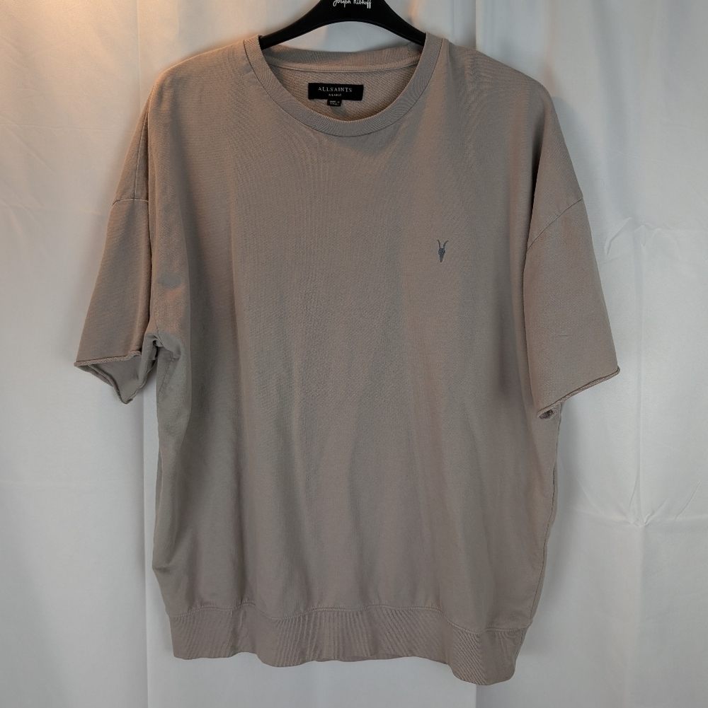 All Saints Negotum SS Crew Grey Beige Jumper T Shirt XL In EUC